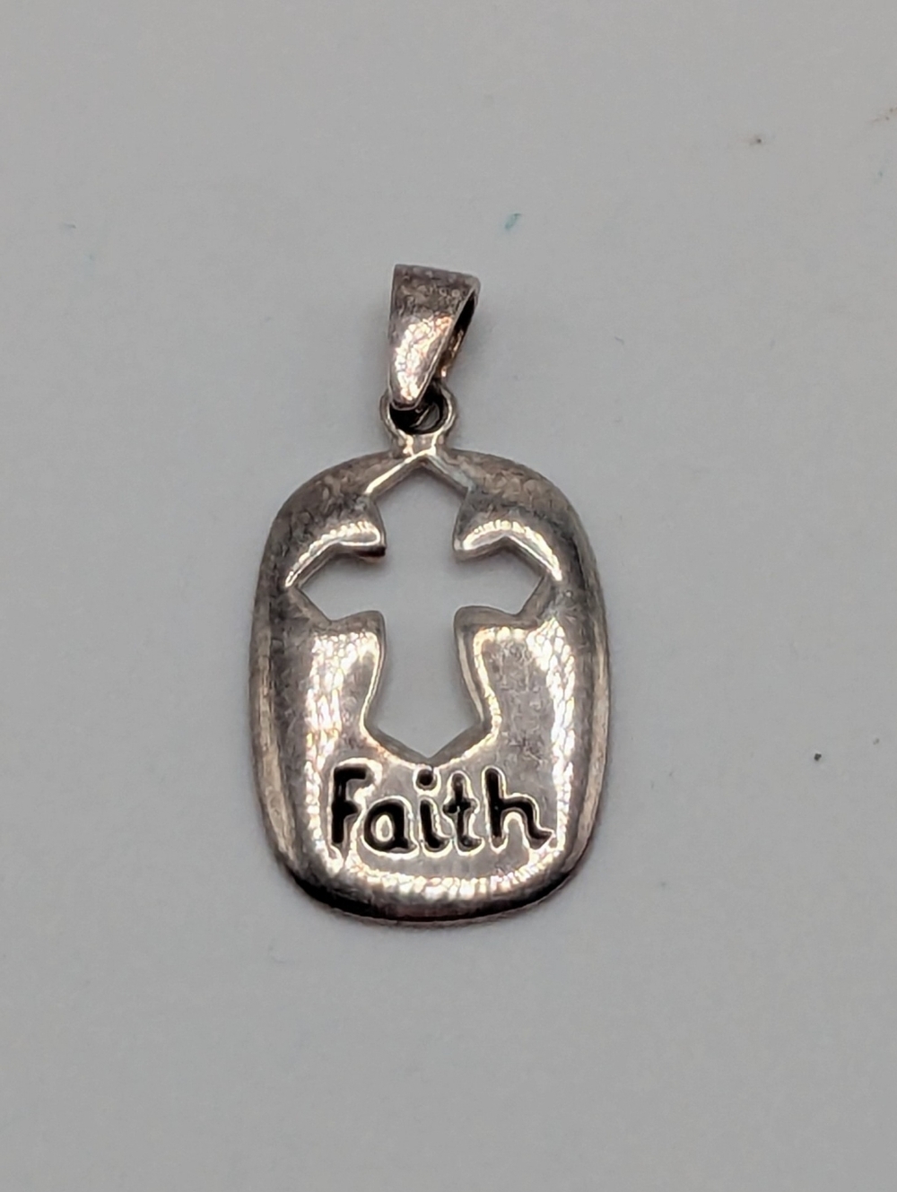 Faith Pendant With Cutout Design, Marked 925, EUC